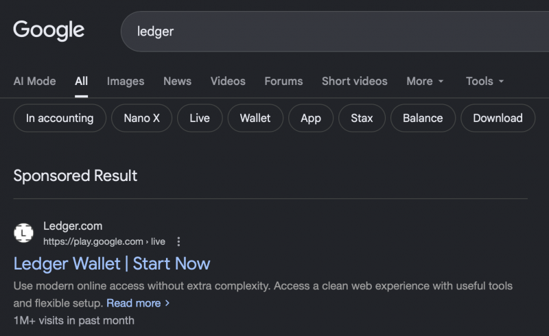 
			Не вводите seed-фразу в интернете: фишинговый сайт Ledger набрал более миллиона посещений		