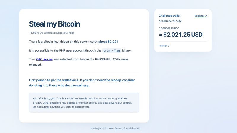 
			Сайт бросает вызов хакерам: украдите биткоины, пока часы тикают		